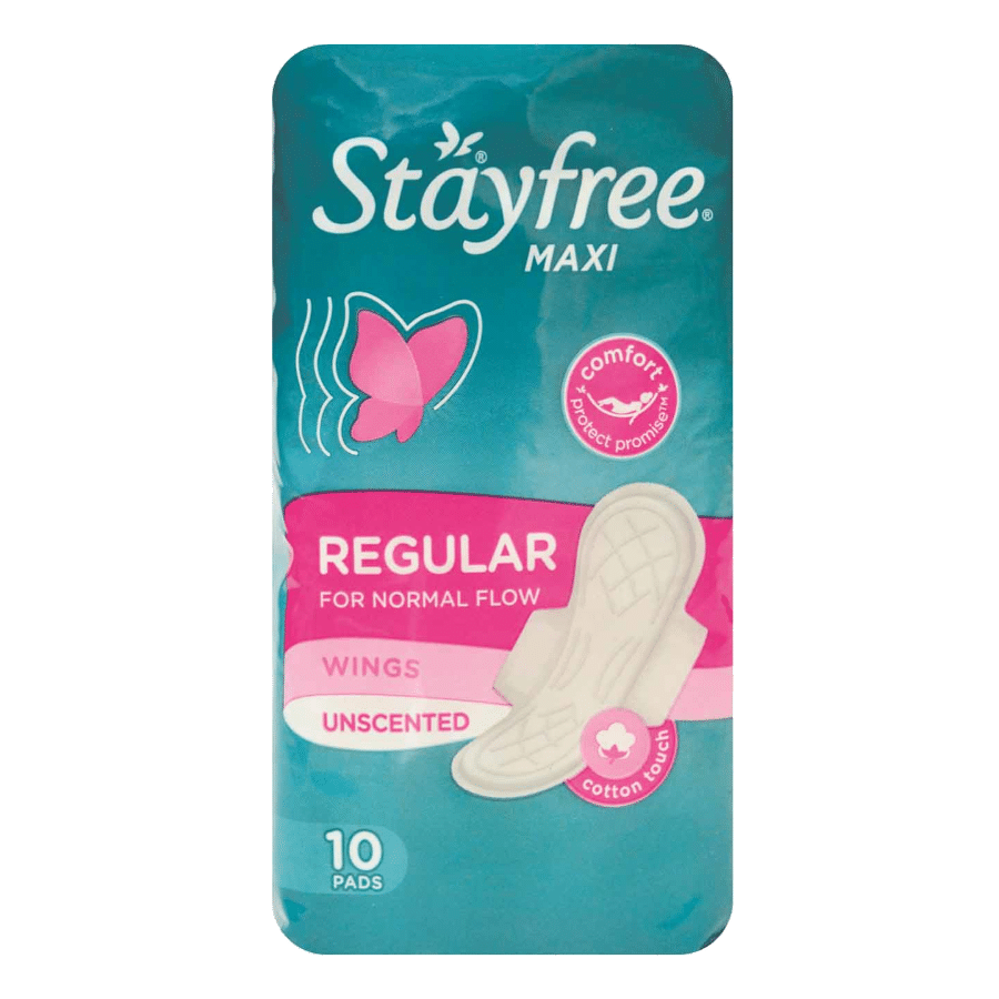 Stayfree Maxi Thick Regular Pads 10-Pack – Unscented with Wings for Comfortable Day & Night Protection