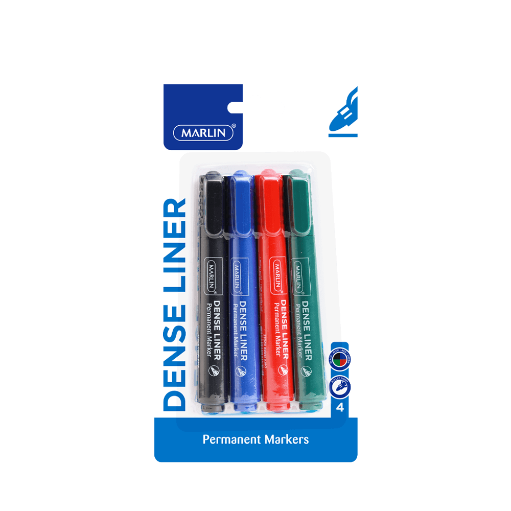 Marlin Dense Liners Permanent Markers 4's assorted- Black/Blue/Red/Green